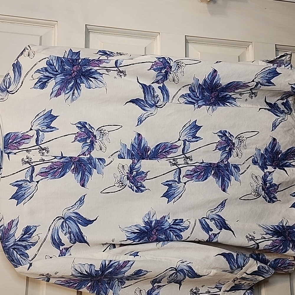 EMMA JAMES Linen Rayon Jacket Blue Purple Floral Design Darts, Pearlized Buttons - Picture 7 of 7
